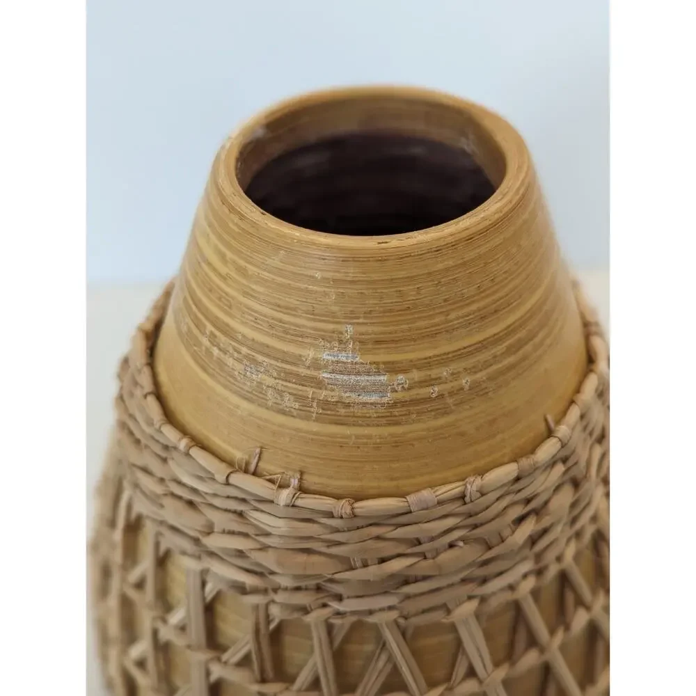 Bamboo Vase W Seagrass Weave Wrapped Rattan Bohemian Earthenware